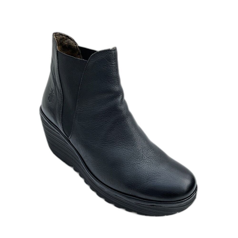 Fly London Yoss Wedge Black Leather Bootie 42